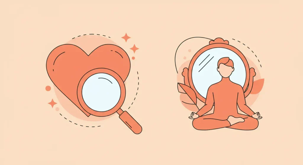 kendini tanımayı temsil eden illüstrasyon, kalp üzerinde büyüteç ve meditasyon yapan figür